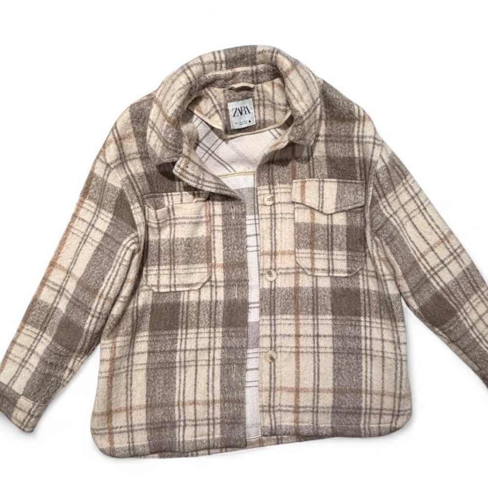 Zara Plaid Shacket Jacket Beige Brown Overshirt Button Up Size M